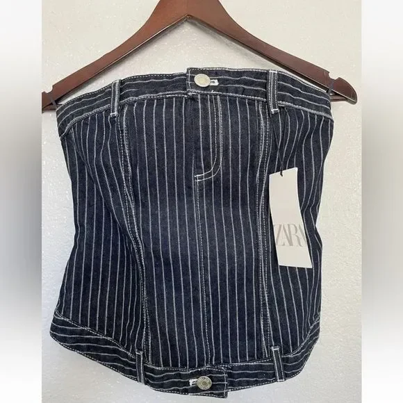 ZARA NEW WOMAN OFF-SHOULDER TRF DENIM TOP WITH STRIPES MEDIUM 5252/009/133/15 - Picture 6 of 9
